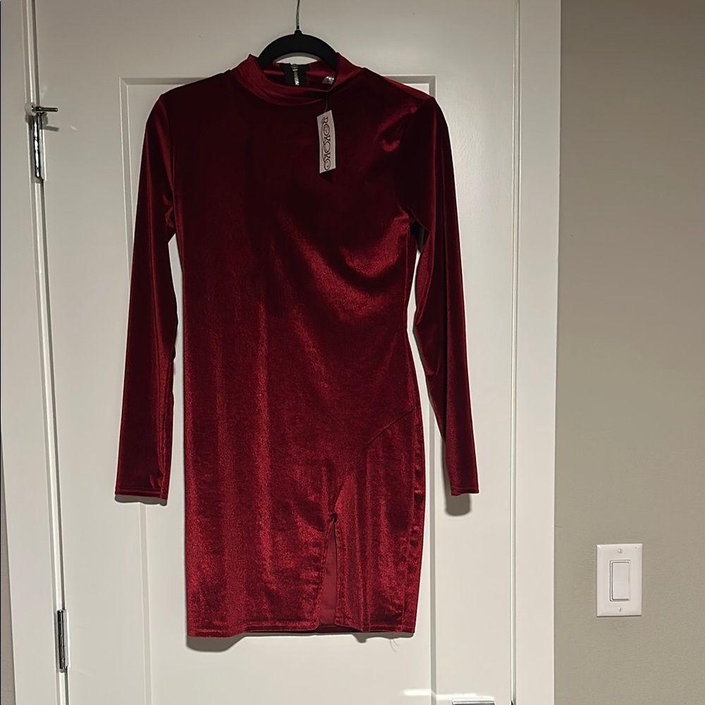 Red Long Sleeve Mock Neck Bodycon Dress